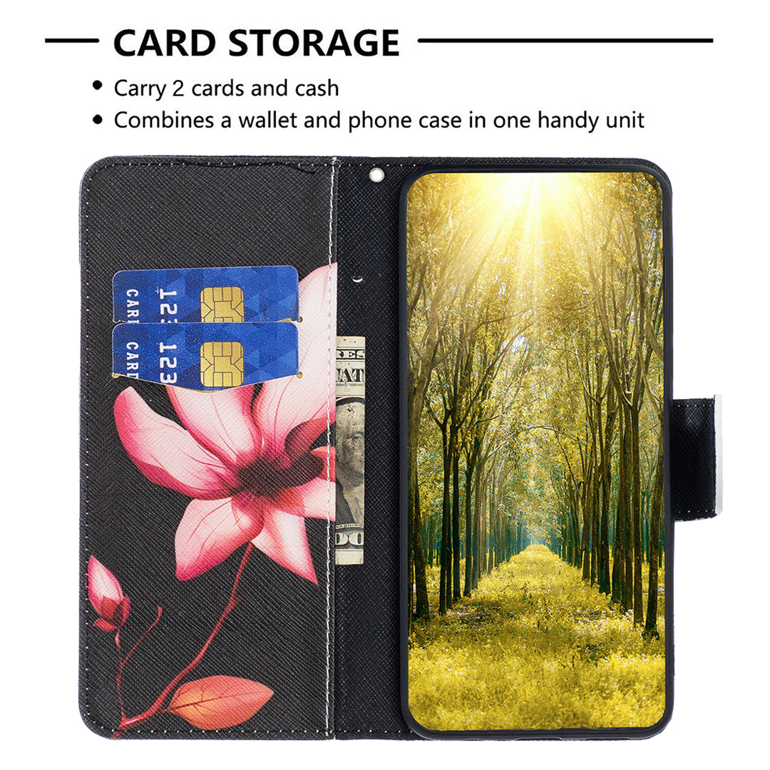PU Leather Stand Wallet Case for iPhone 15 Pro , Pattern Printing Full Protection Phone Cover - Pink Flower PU Leather Stand Wallet Case for iPhone 15 Pro , Pattern Printing Full Protection Phone Cover - Pink Flower